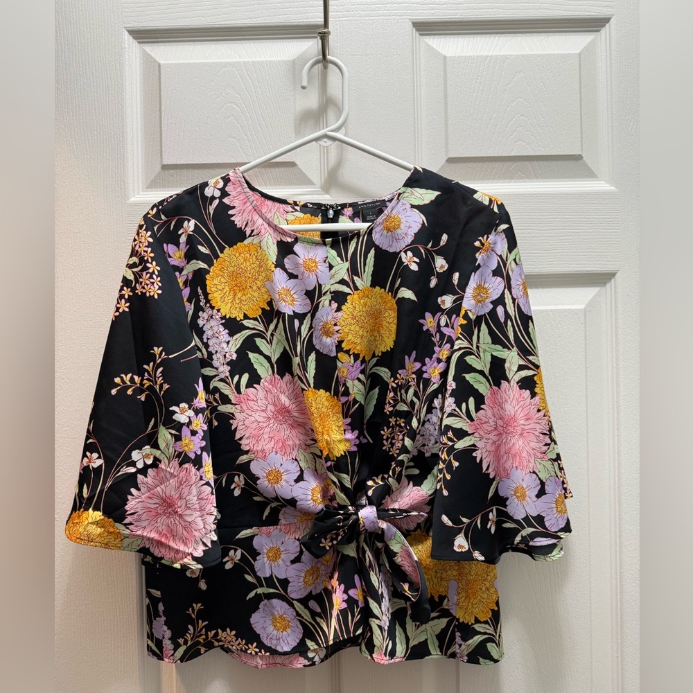 Ann Taylor Floral Blouse with Tie-Front